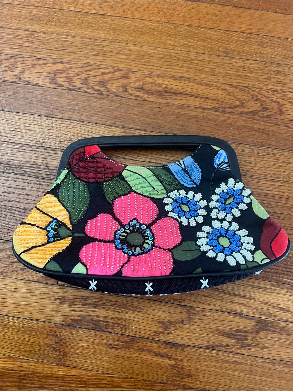 Isabella Fiore Floral Beaded Handbag - Black with Pink, Yellow & Blue Flowers